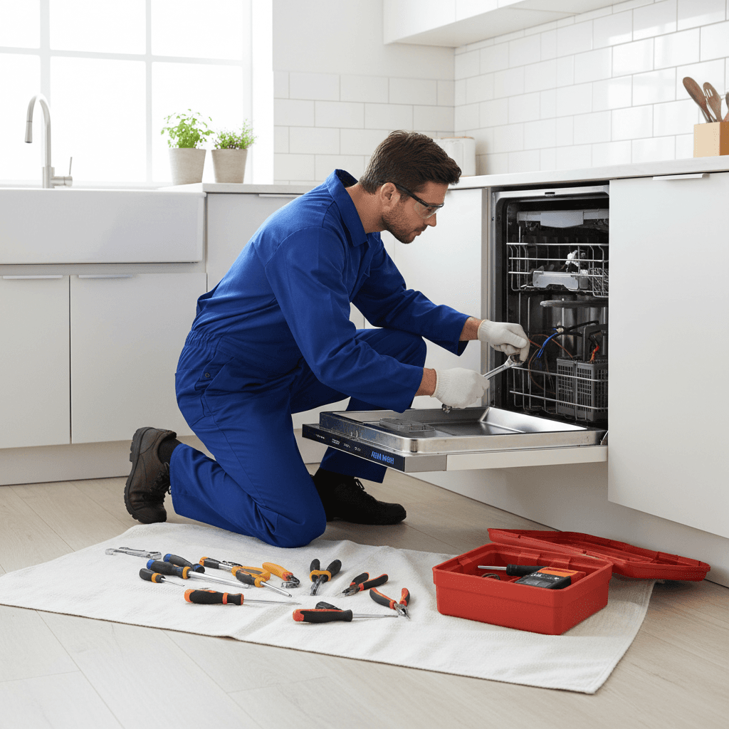 Skilled technician repairing a dishwasher