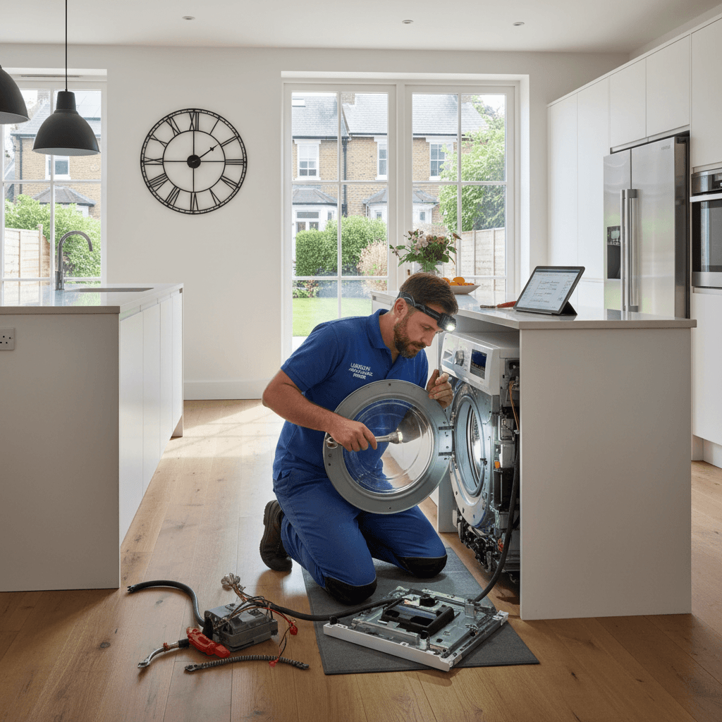 Professional engineer inspecting a washing machine