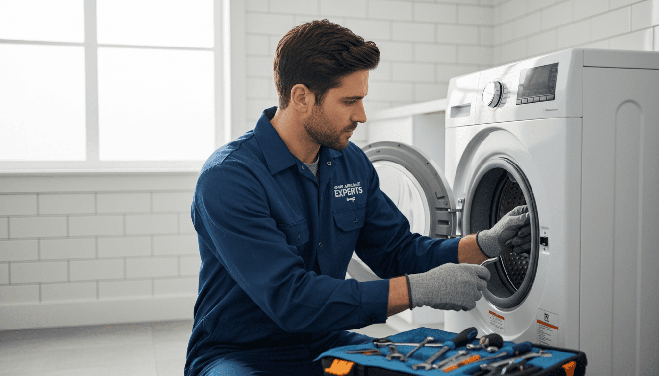 Technician inspecting washing machine drum in a bright laundry room